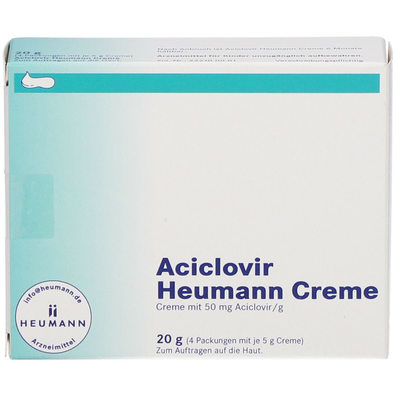 Karton mit Aciclovir Heumann Creme. Aufschrift: Creme mit 50 mg Aciclovir/g. 20 g (4 Packungen mit je 5 g Creme).