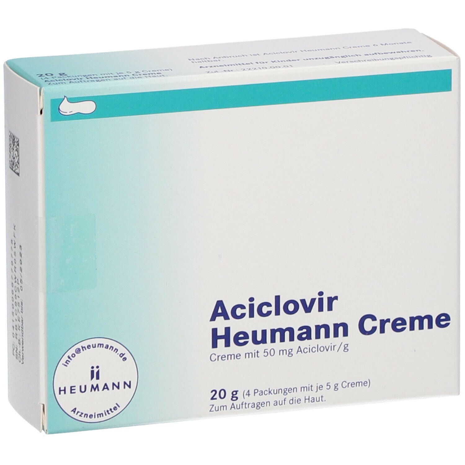Karton mit Aciclovir Heumann Creme. Aufschrift: Creme mit 50 mg Aciclovir/g. 20 g (4 Packungen mit je 5 g Creme).