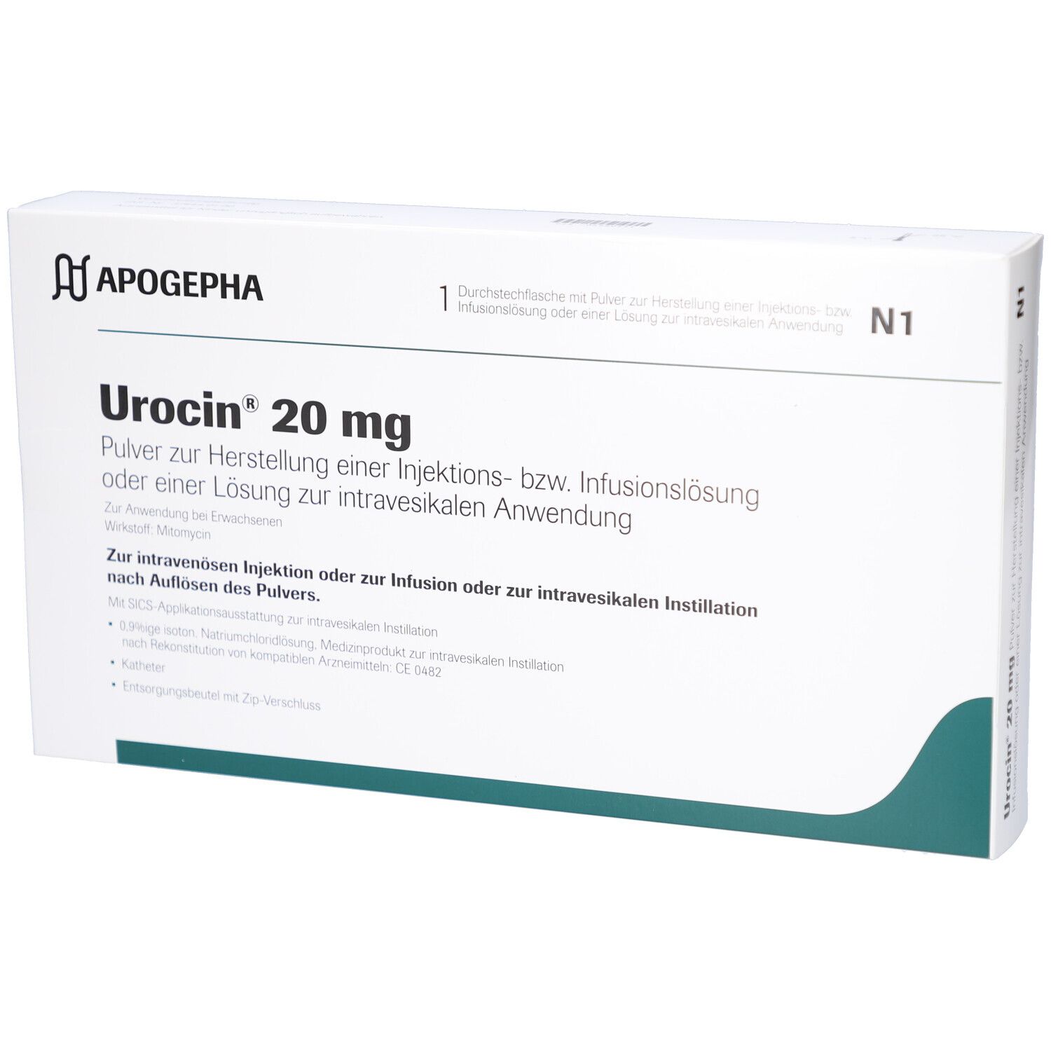 Weißer Karton mit Urocin 20 mg. Text: Pulver zur Herstellung einer Injektions- bzw. Infusionslösung. Marke: Apogepha.