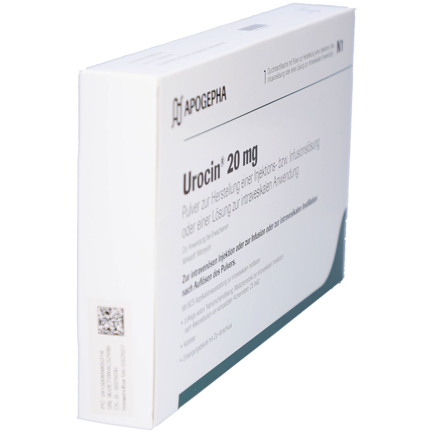 Weißer Karton, Urocin 20 mg. Text: Pulver zur Herstellung einer Injektions- bzw. Infusionslösung. Marke: Apogepha.