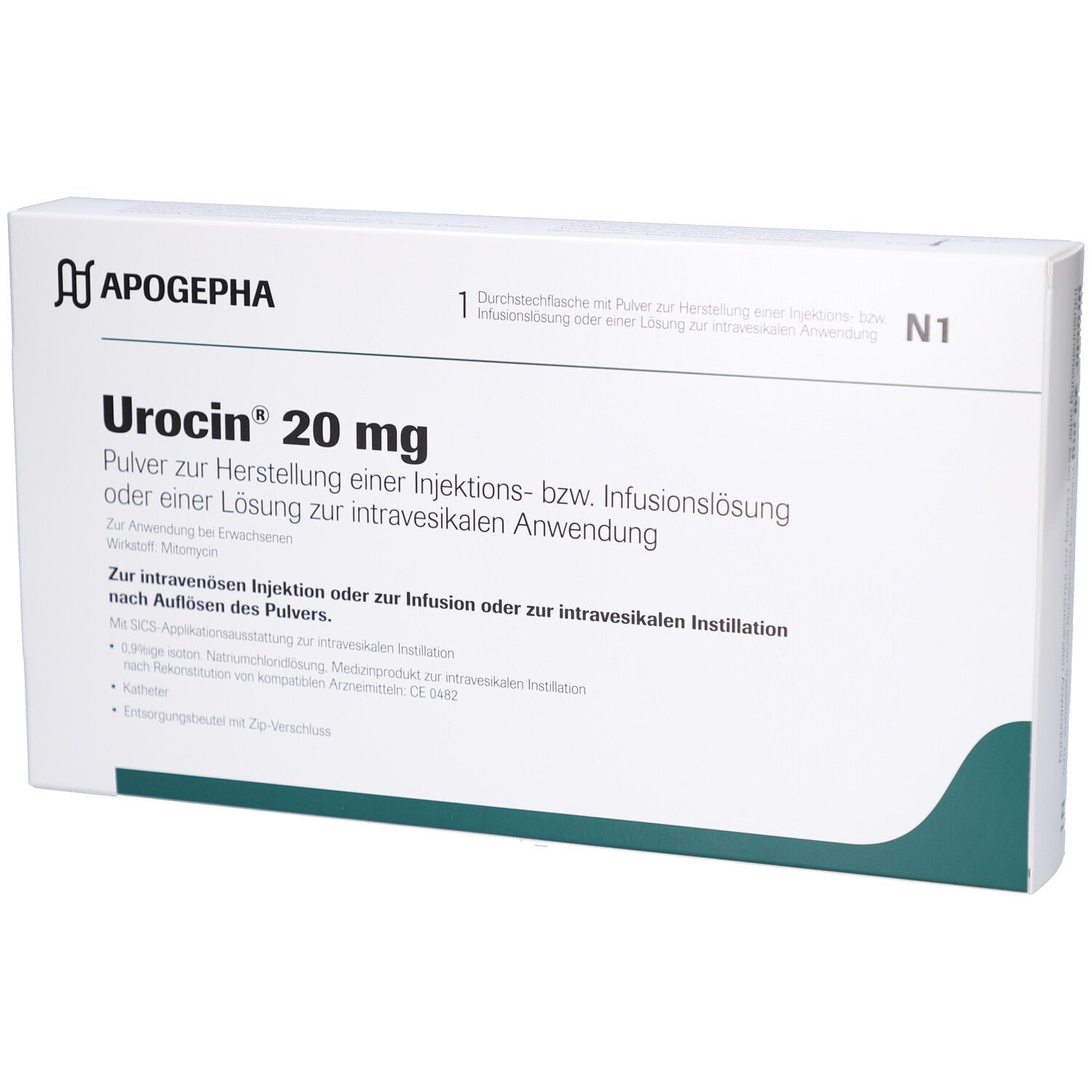 Weißer Karton mit Urocin 20 mg. Text: Pulver zur Herstellung einer Injektions- bzw. Infusionslösung. Marke: Apogepha.