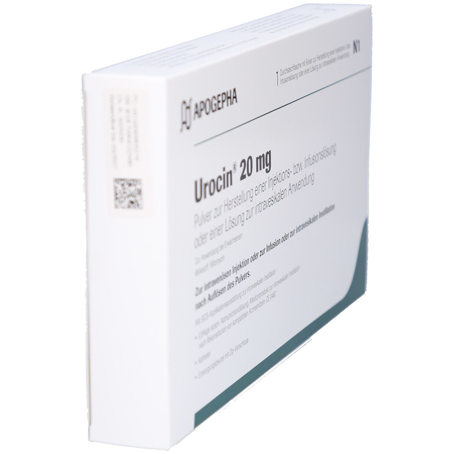 Weißer Karton, Urocin 20 mg. Text: Pulver zur Herstellung einer Injektions- bzw. Infusionslösung. Marke: Apogepha.
