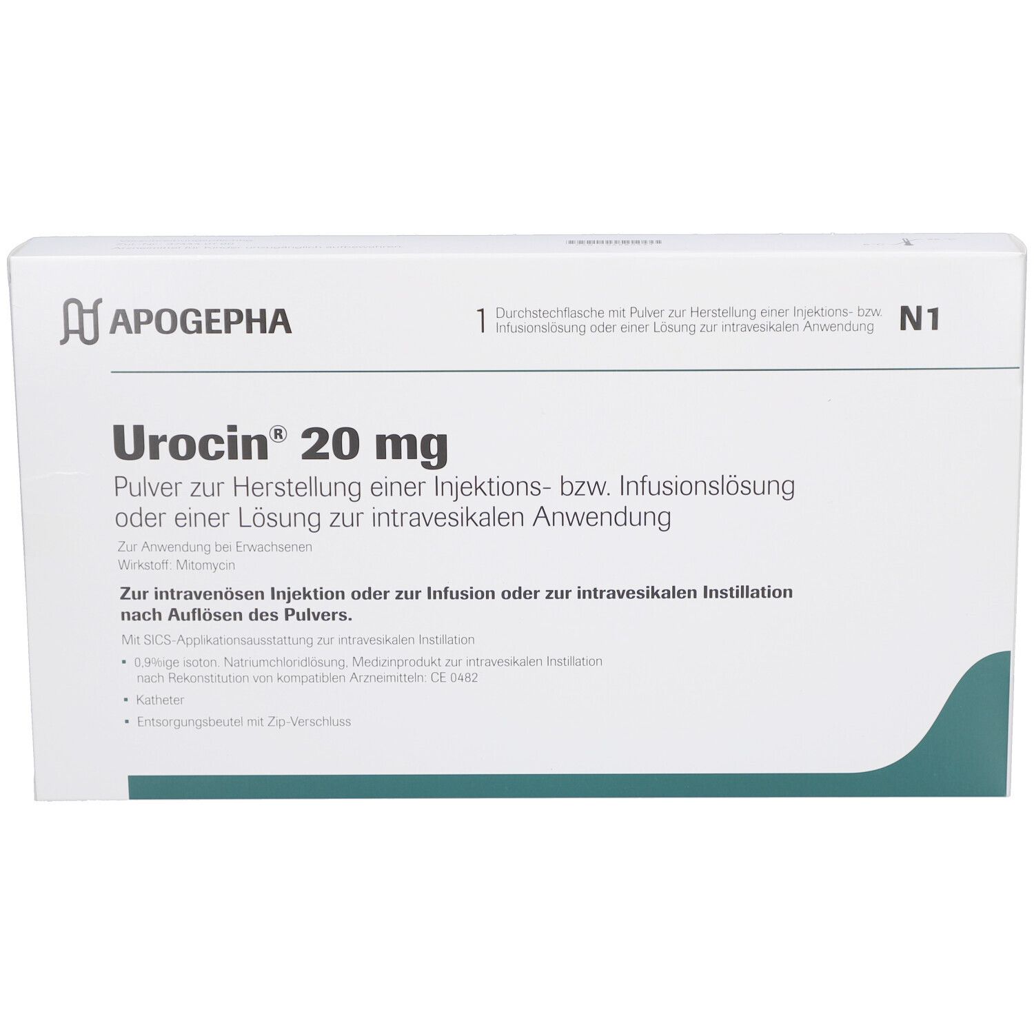 Weißer Karton mit Urocin 20 mg. Text: Pulver zur Herstellung einer Injektions- bzw. Infusionslösung. Marke: Apogepha.