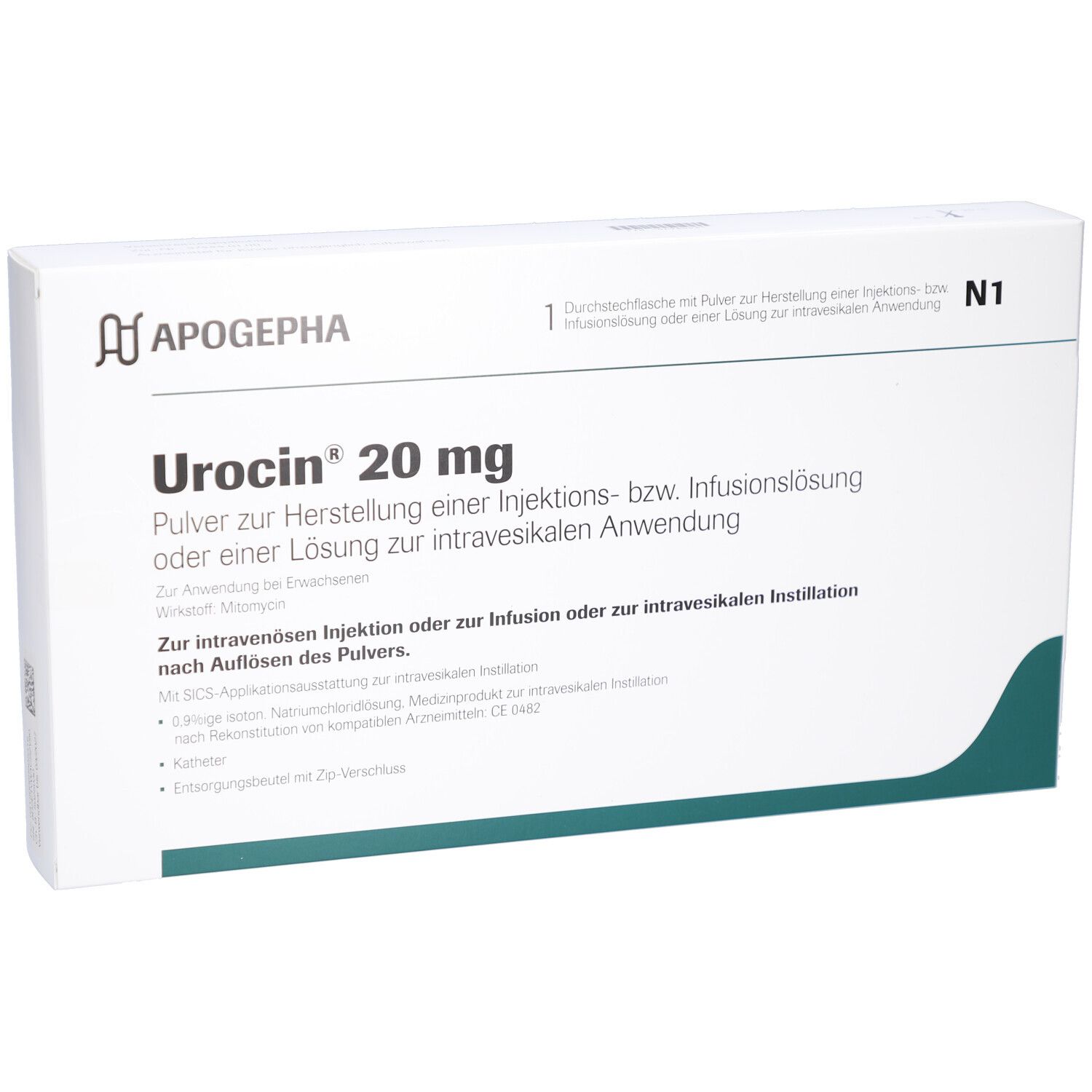 Weißer Karton mit Urocin 20 mg. Text: Pulver zur Herstellung einer Injektions- bzw. Infusionslösung. Marke: Apogepha.