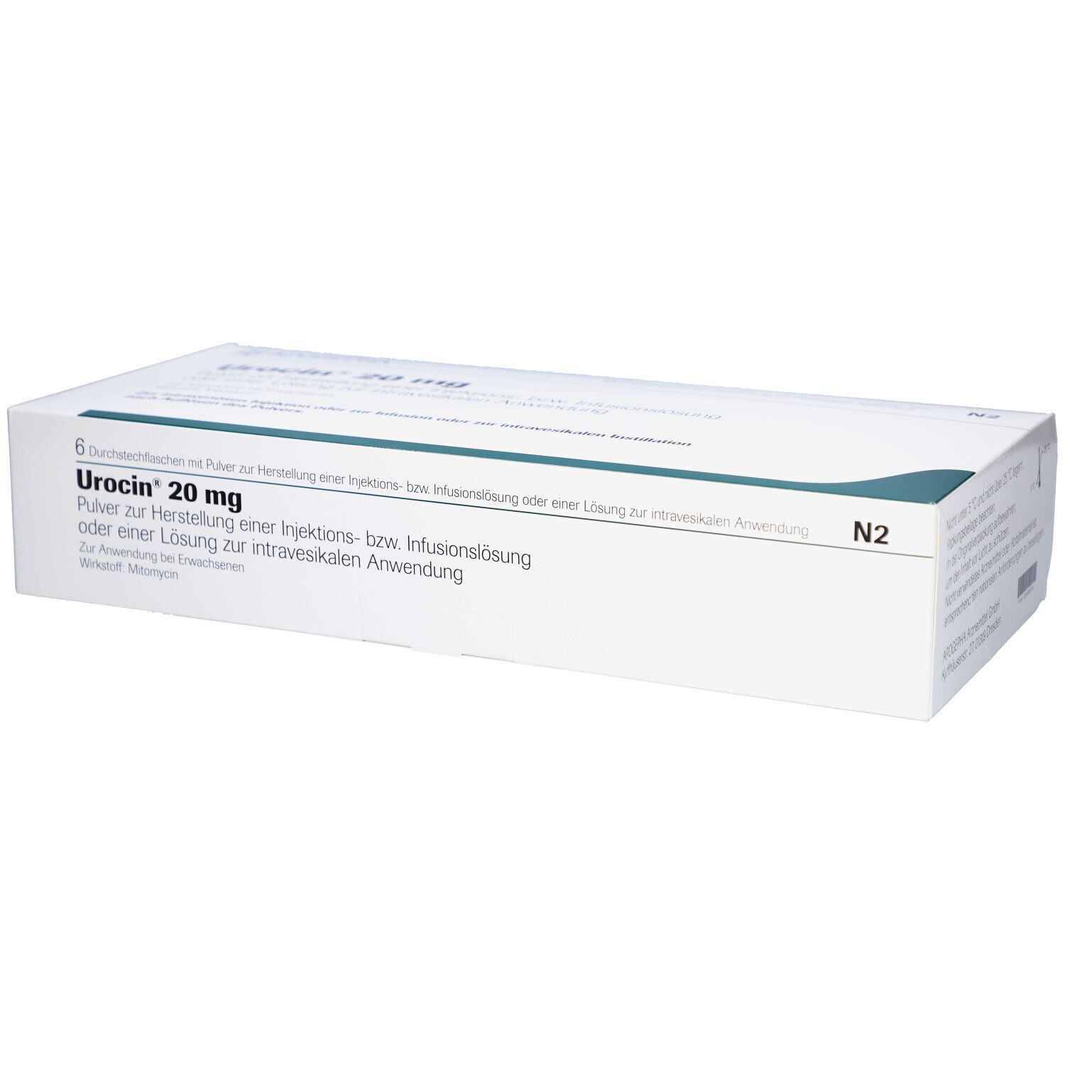 Weiße Schachtel mit Aufschrift Urocin 20 mg. Enthält 6 Durchstechflaschen. Text in Deutsch.