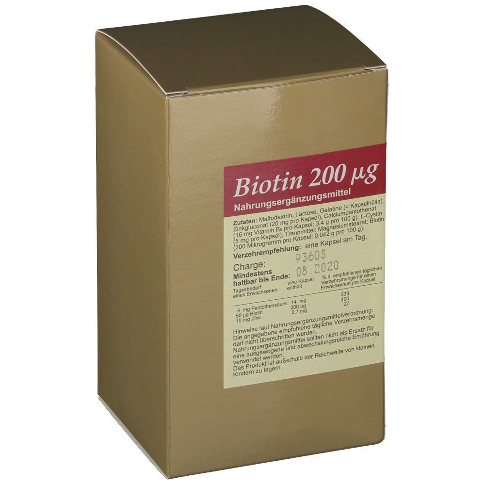 Braune Schachtel mit Etikett. Auf dem Etikett steht "Biotin 200 µg". Weitere Informationen zu Inhaltsstoffen und Haltbarkeit.