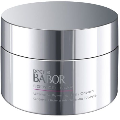 Silberfarbener Tiegel. Aufschrift: DOCTOR BABOR BODY CELLULAR Ultimate Forming Body Cream. Deckel und Dose sind glatt und glänzend.