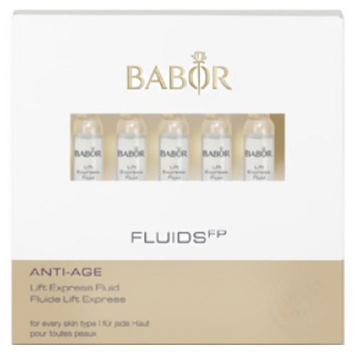Verpackung mit fünf Ampullen. Aufschrift BABOR, FLUIDS FP, ANTI-AGE, Lift Express Fluid. Für jeden Hauttyp.
