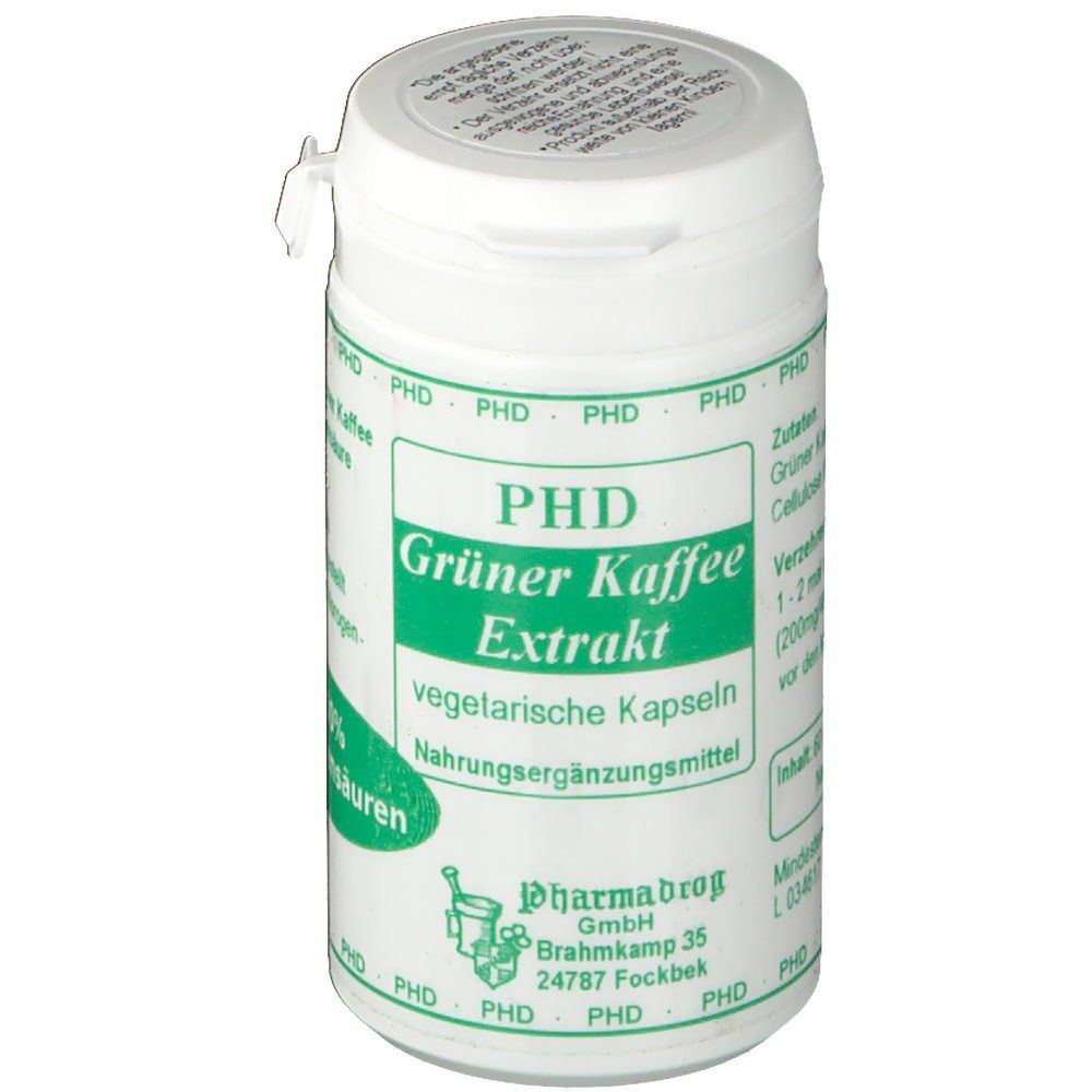 Weiße Dose mit grünem Etikett. Aufschrift: PHD Grüner Kaffee Extrakt, vegetarische Kapseln. Pharma-Droog GmbH.