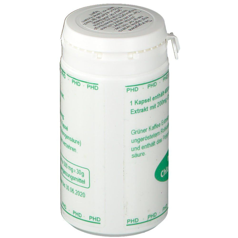 Weiße Dose mit grünem Etikett. Aufschrift: PHD Grüner Kaffee Extrakt. 1 Kapsel enthält 200mg Chlorogensäure. Vegetarische Kapseln.