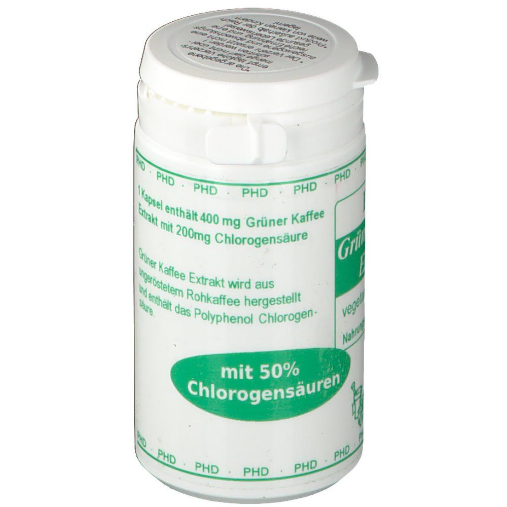 Weiße Dose mit grünem Etikett. Aufschrift: PHD Grüner Kaffee Extrakt mit 50% Chlorogensäuren. Vegetarische Kapseln.