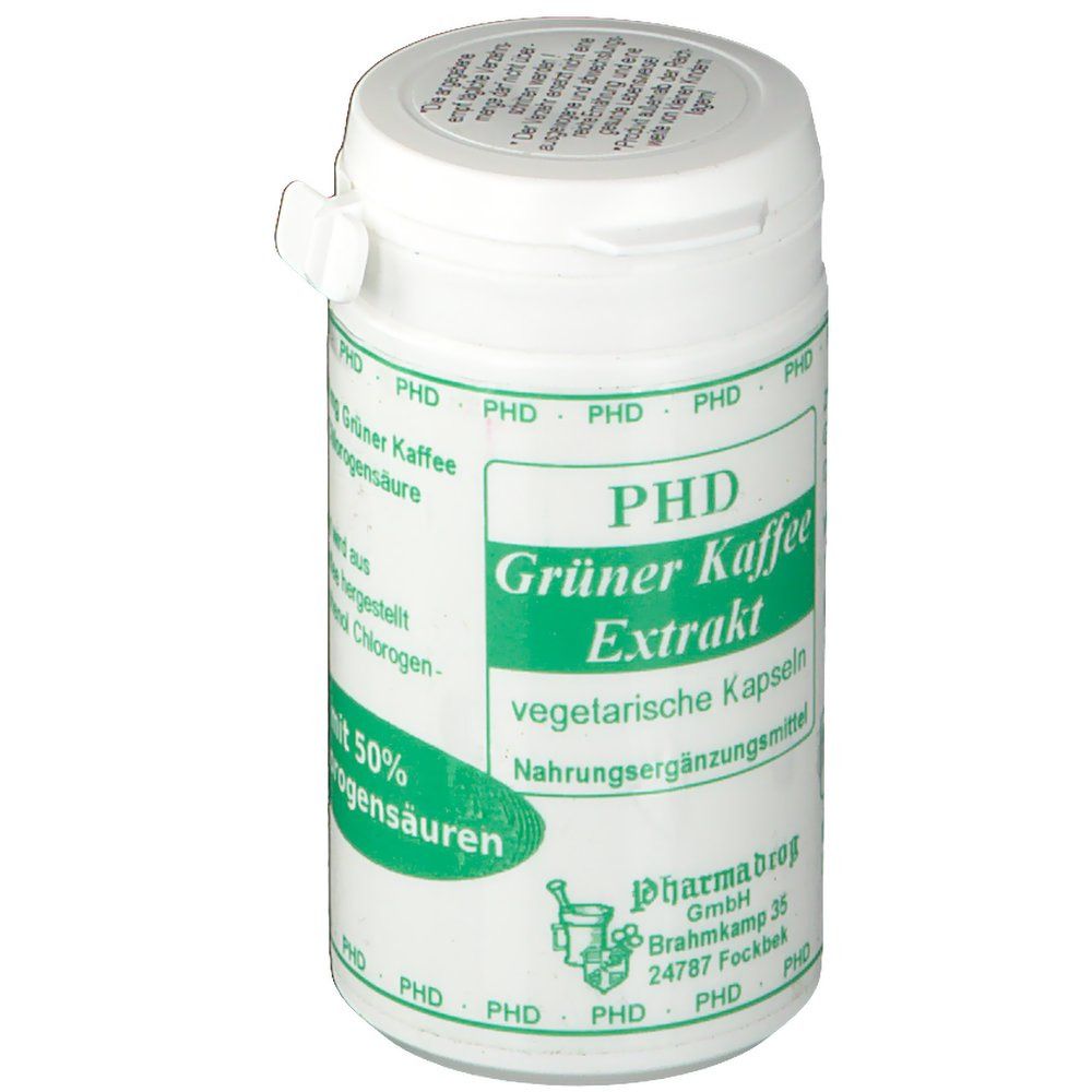 Weiße Dose mit grünem Etikett. Aufschrift: PHD Grüner Kaffee Extrakt, vegetarische Kapseln. Pharma-Droog GmbH.