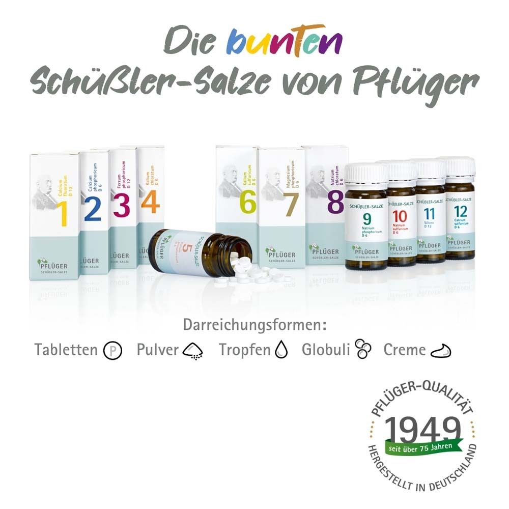 Produktabbildung mit Tabletten, Flaschen und Schachteln. Aufschrift: Die bunten Schüßler-Salze von Pflüger. Darreichungsformen.