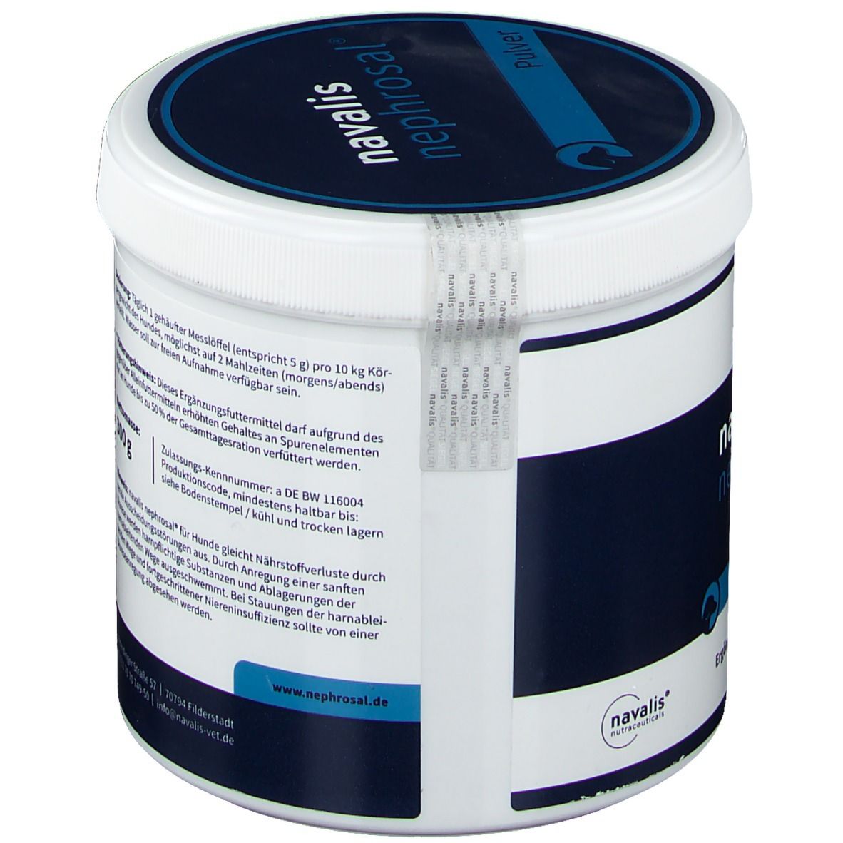 Dose nephrosal® Pulver. Aufschrift: navalis, Ergänzungsfuttermittel für Hunde. Mit Siegel.
