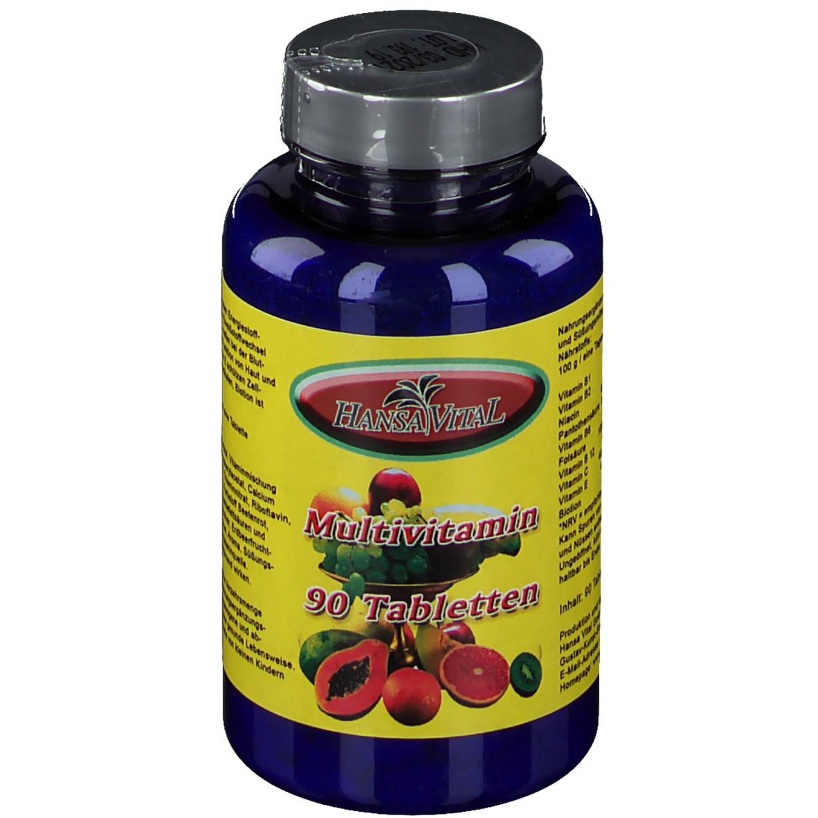 Blaue Flasche mit gelbem Etikett. Aufschrift: Multivitamin, 90 Tabletten. Obstabbildung. Marke: Hansa Vital.
