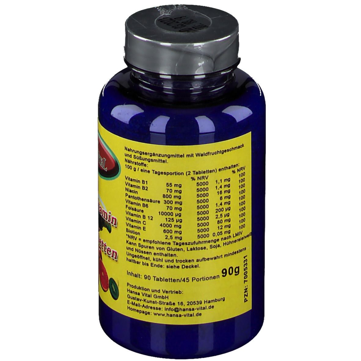 Blaue Flasche mit gelbem Etikett. Enthält Nährwertangaben. Aufschrift: 90g. Marke: Hansa Vital. Mit Schraubverschluss.
