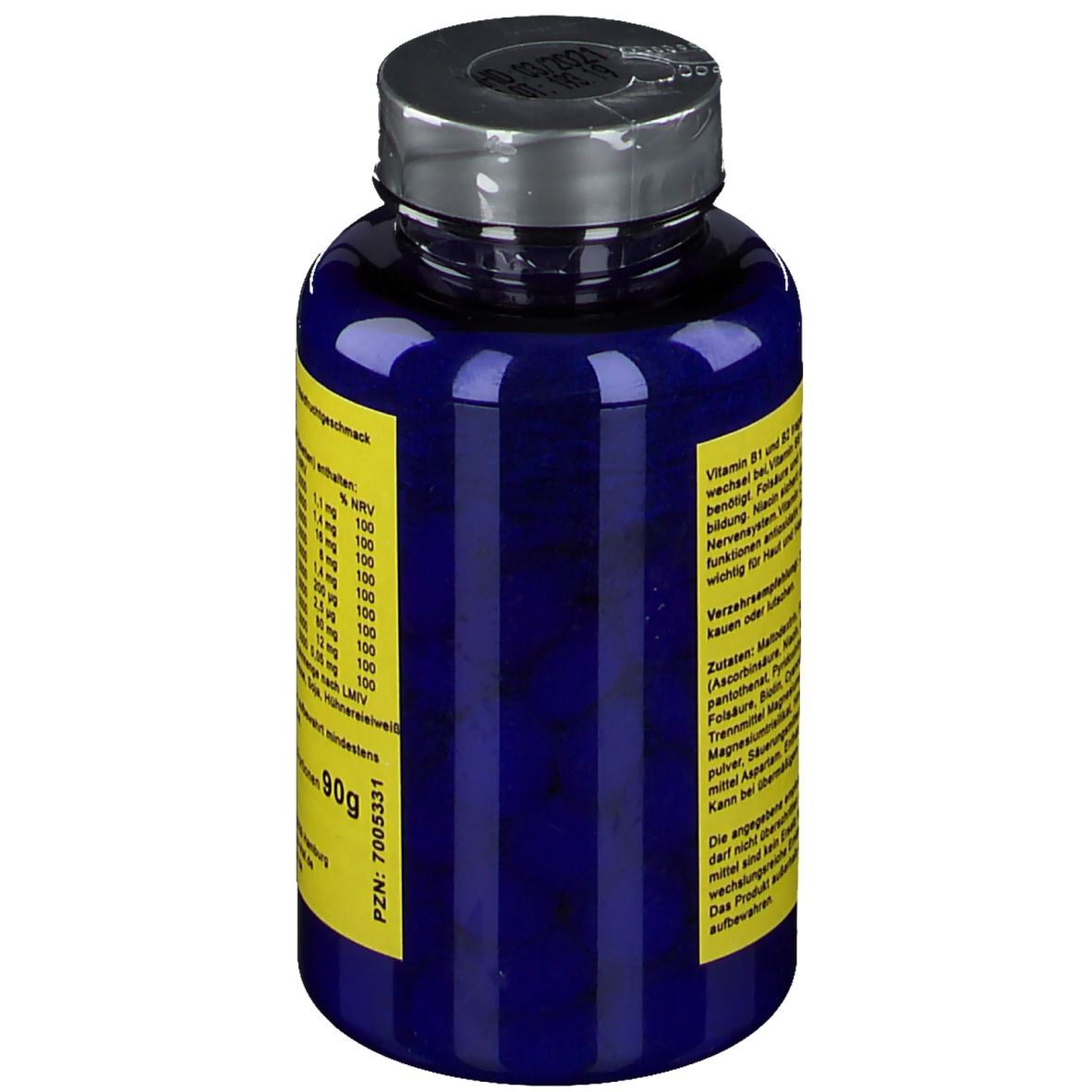 Blaue Flasche mit gelbem Etikett. Enthält Nährwertangaben. Aufschrift: 90g. Marke: Hansa Vital. Mit Schraubverschluss.