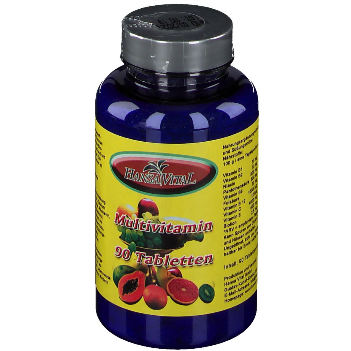 Blaue Flasche mit gelbem Etikett. Aufschrift: Multivitamin, 90 Tabletten. Obstabbildung. Marke: Hansa Vital.