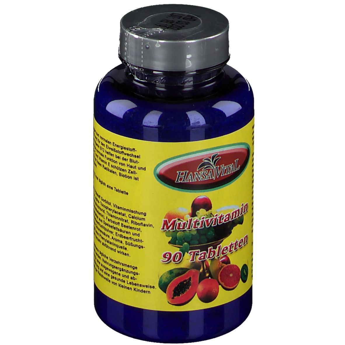 Blaue Flasche mit gelbem Etikett. Aufschrift: Multivitamin, 90 Tabletten. Obstabbildung. Marke: Hansa Vital.