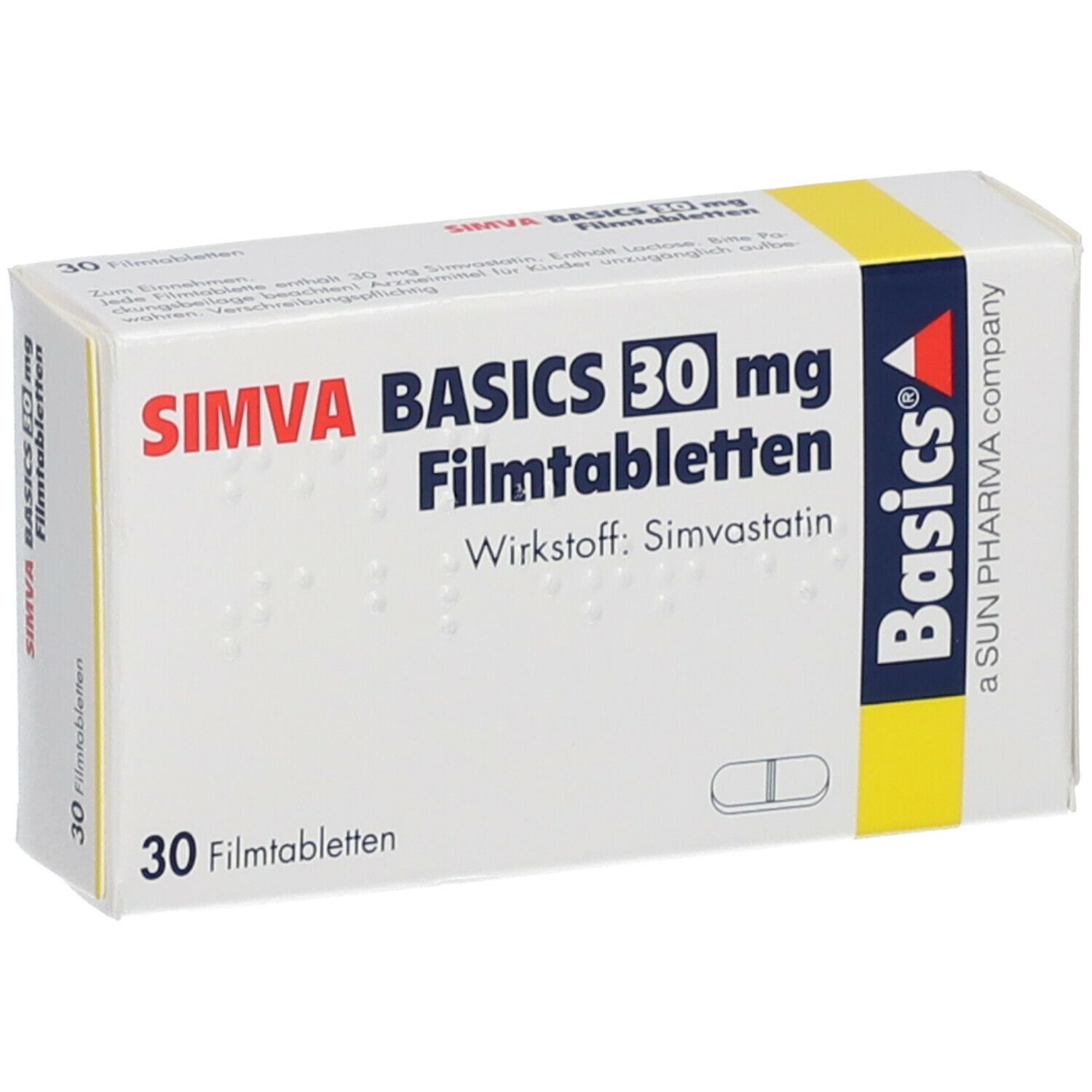 Schachtel SIMVA BASICS 30 mg Filmtabletten. Aufschrift: 30 Filmtabletten, Wirkstoff Simvastatin. Basics-Logo. Gelber Streifen.