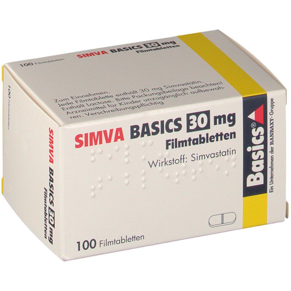 Schachtel mit SIMVA BASICS 30 mg Filmtabletten. Enthält 100 Tabletten. Aufdrucke in Deutsch. Gelber Streifen.