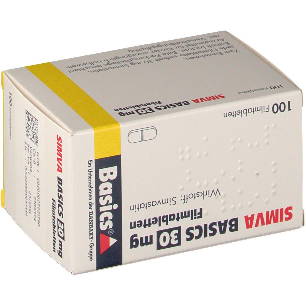 Schachtel mit SIMVA BASICS 30 mg Filmtabletten. Enthält 100 Tabletten. Aufdrucke in Deutsch. Gelber Streifen.