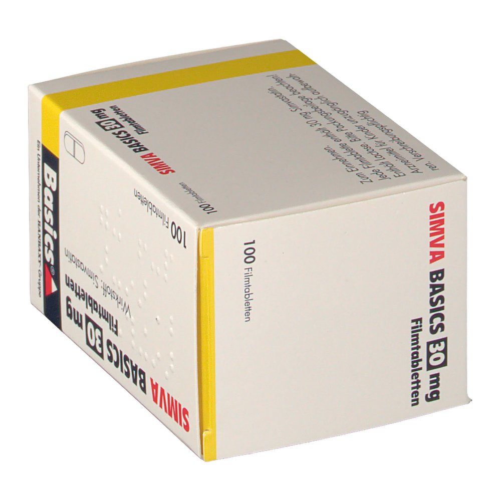 Schachtel mit SIMVA BASICS 30 mg Filmtabletten. Enthält 100 Tabletten. Aufdrucke in Deutsch. Gelber Streifen.