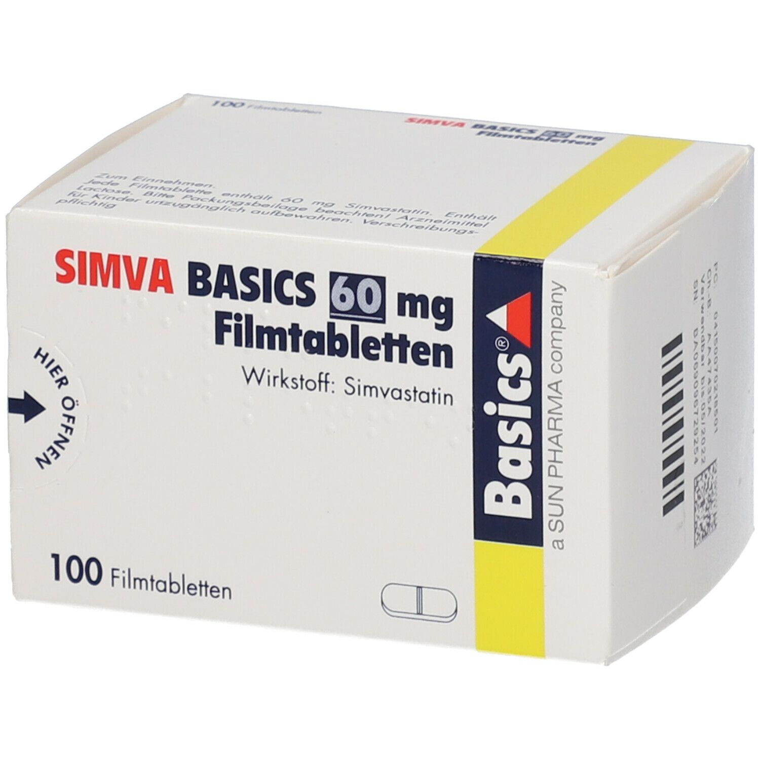 Schachtel mit SIMVA BASICS 60 mg Filmtabletten. Aufschrift: 100 Filmtabletten. Wirkstoff: Simvastatin. Basics-Logo.