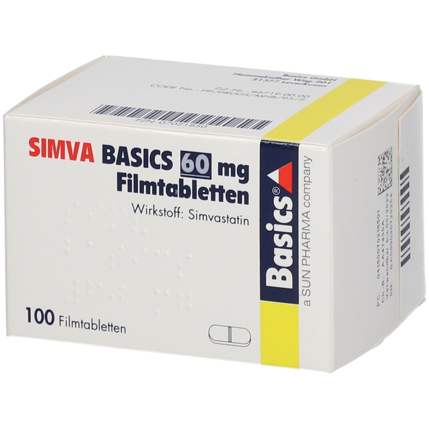 Schachtel mit SIMVA BASICS 60 mg Filmtabletten. Aufschrift: 100 Filmtabletten. Wirkstoff: Simvastatin. Basics-Logo.