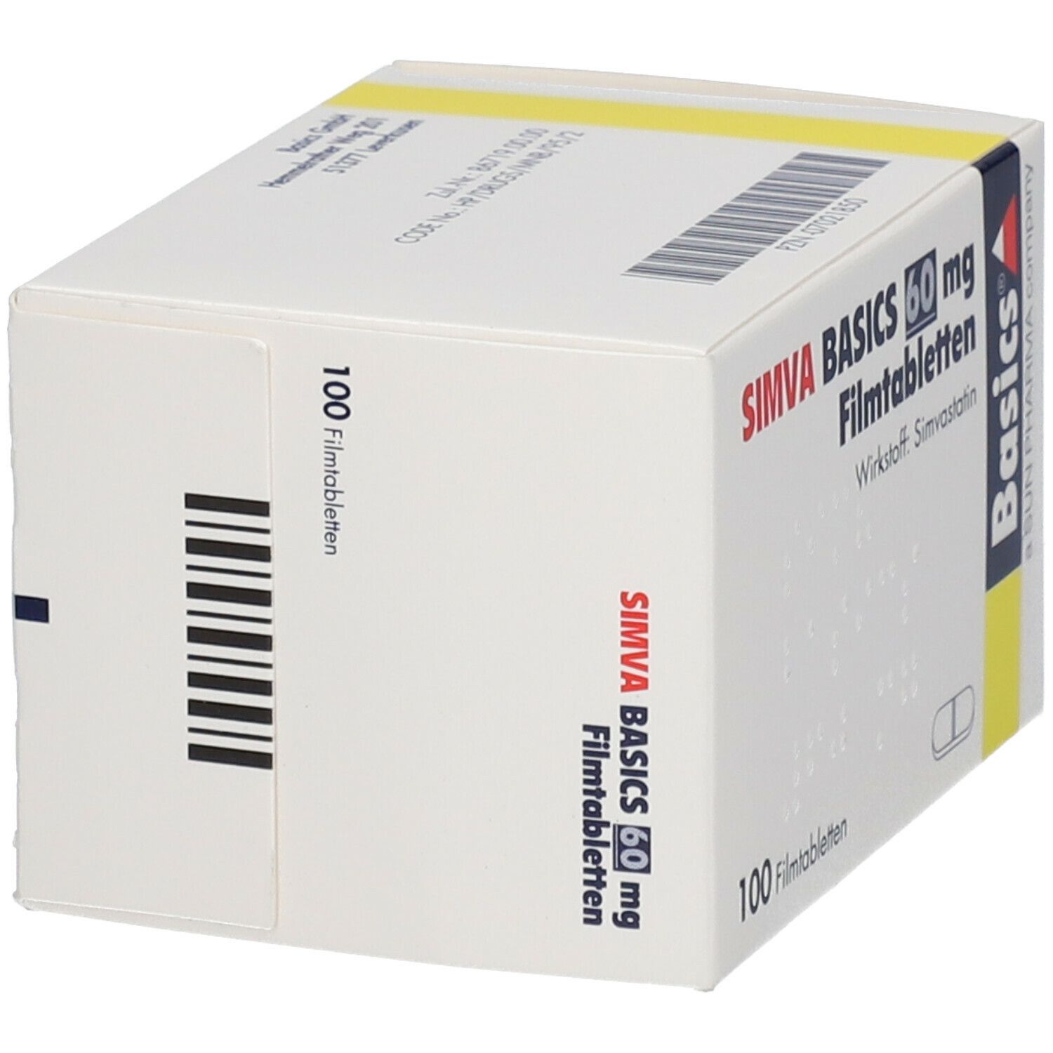 Schachtel mit SIMVA BASICS 60 mg Filmtabletten. Aufschrift: 100 Filmtabletten. Wirkstoff: Simvastatin. Basics-Logo. Barcode.