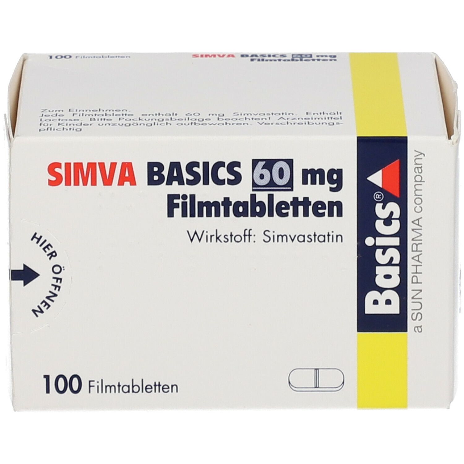 Schachtel mit SIMVA BASICS 60 mg Filmtabletten. Aufschrift: 100 Filmtabletten. Wirkstoff: Simvastatin. Basics-Logo. Öffnungshinweis.