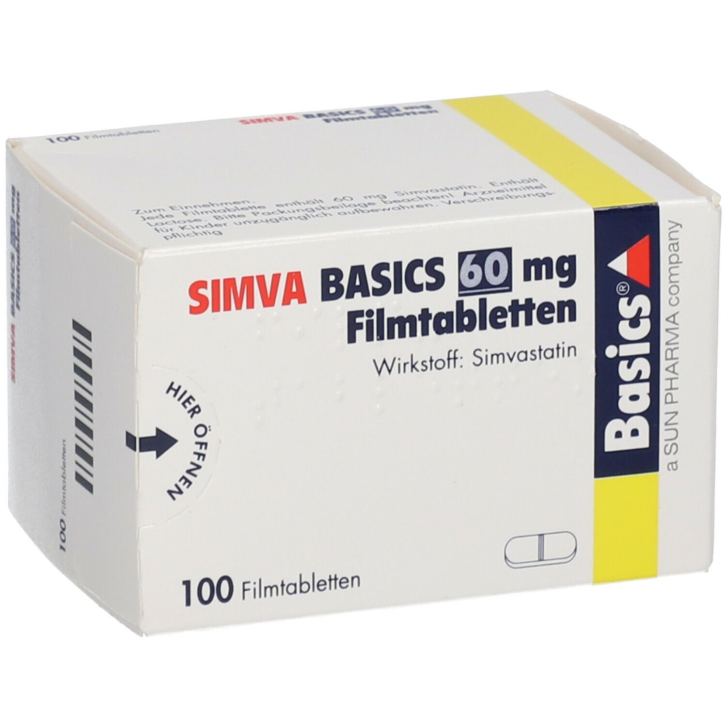 Schachtel mit SIMVA BASICS 60 mg Filmtabletten. Aufschrift: 100 Filmtabletten. Wirkstoff: Simvastatin. Basics-Logo. Öffnungshinweis.