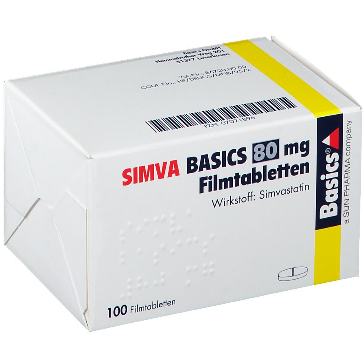 Schachtel mit SIMVA BASICS 80 mg Filmtabletten. Enthält 100 Tabletten. Aufschrift: Wirkstoff Simvastatin.