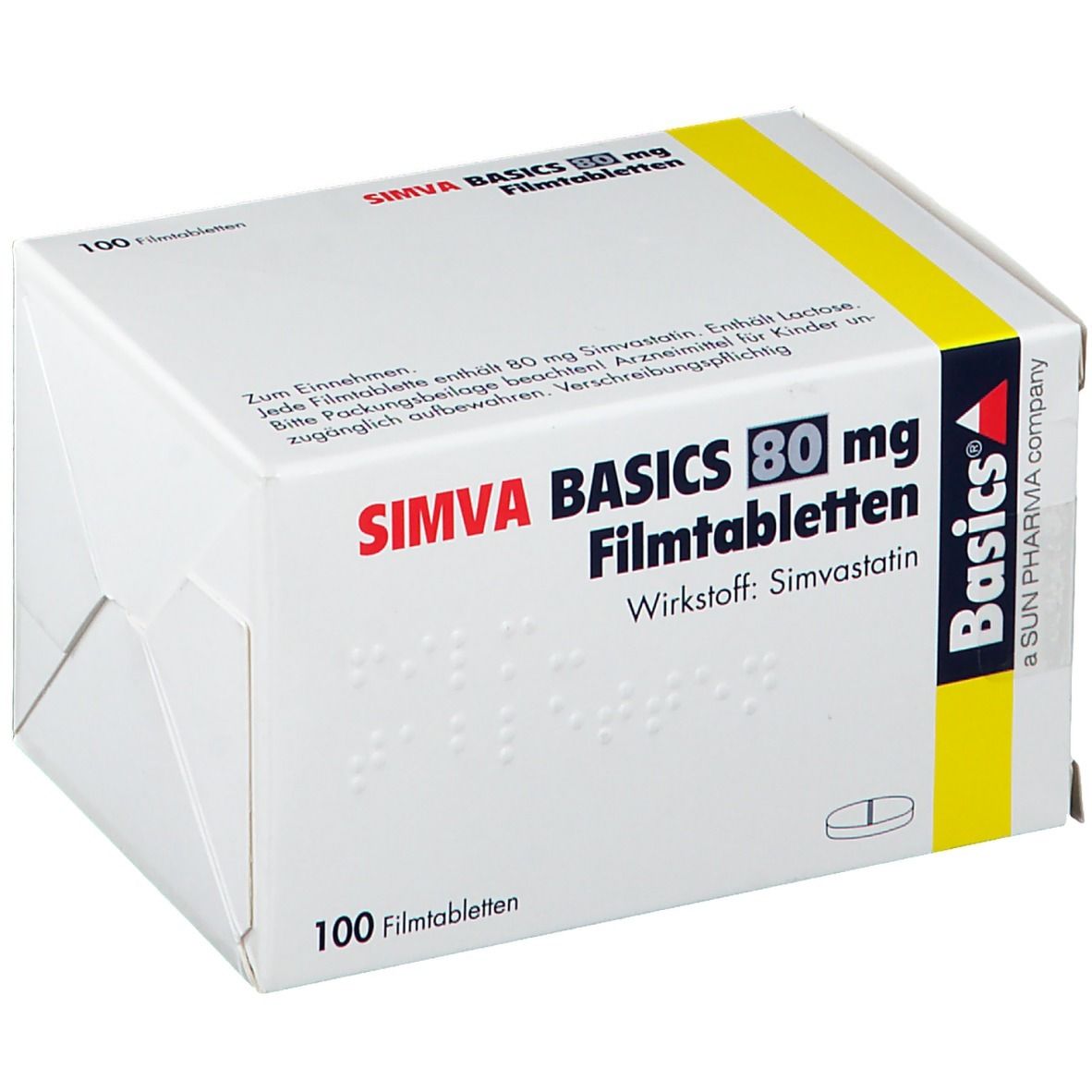 Schachtel mit SIMVA BASICS 80 mg Filmtabletten. Enthält 100 Tabletten. Aufschrift: Wirkstoff Simvastatin.