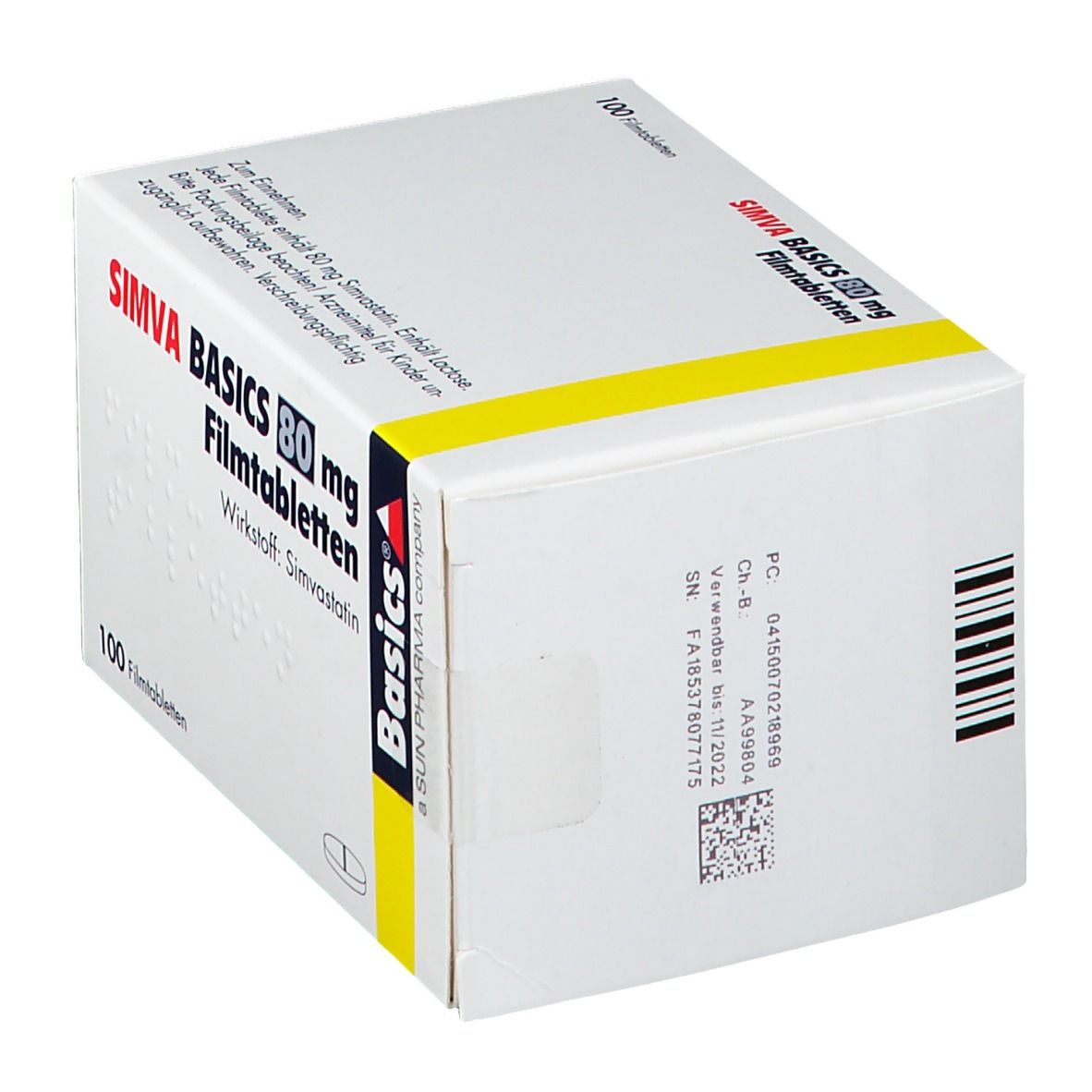 Schachtel mit SIMVA BASICS 80 mg Filmtabletten. Enthält 100 Tabletten. Aufschrift: Wirkstoff Simvastatin.
