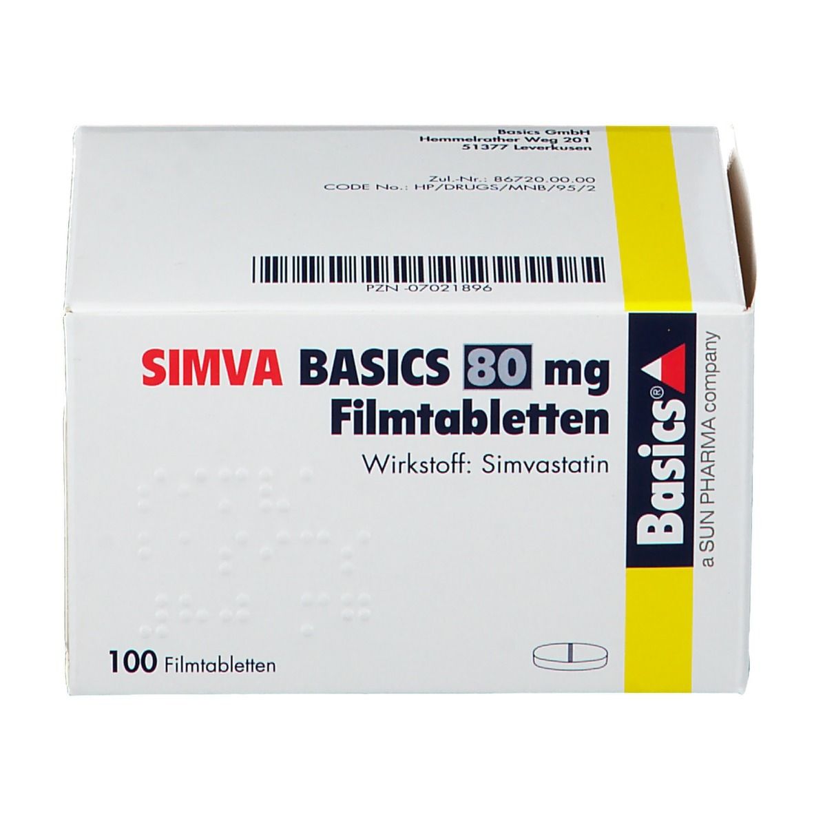 Schachtel mit SIMVA BASICS 80 mg Filmtabletten. Enthält 100 Tabletten. Aufschrift: Wirkstoff Simvastatin.