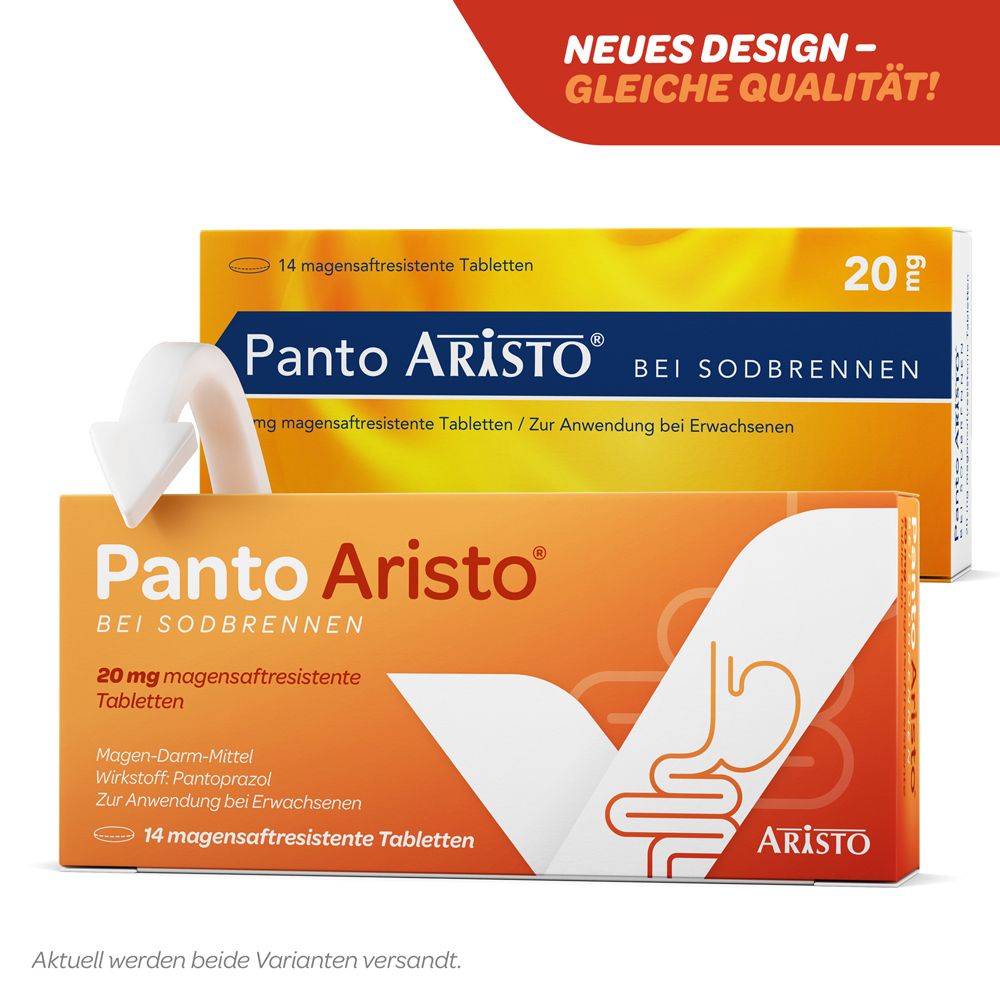 Zwei Schachteln Panto Aristo 20 mg. Orange und gelb. Text: Neues Design - gleiche Qualität! Gegen Sodbrennen.