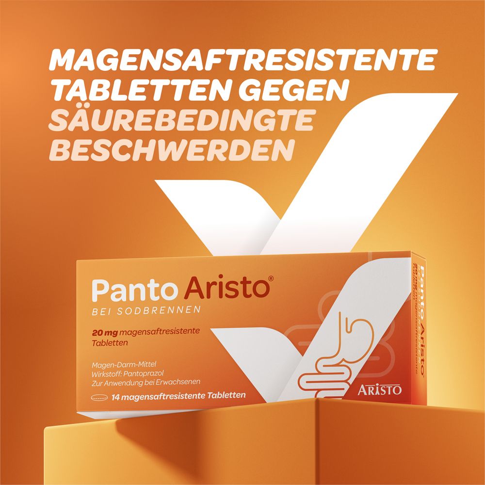 Orangefarbener Hintergrund mit Text: magensaftresistente Tabletten gegen säurebedingte Beschwerden. Panto Aristo.