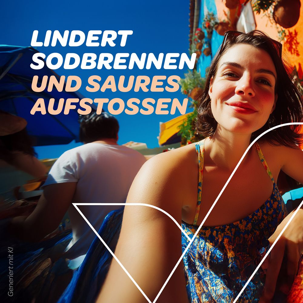 Frau im Freien. Text: Lindert Sodbrennen und saures Aufstoßen. Weißes Logo. Blauer Himmel, Gebäude.