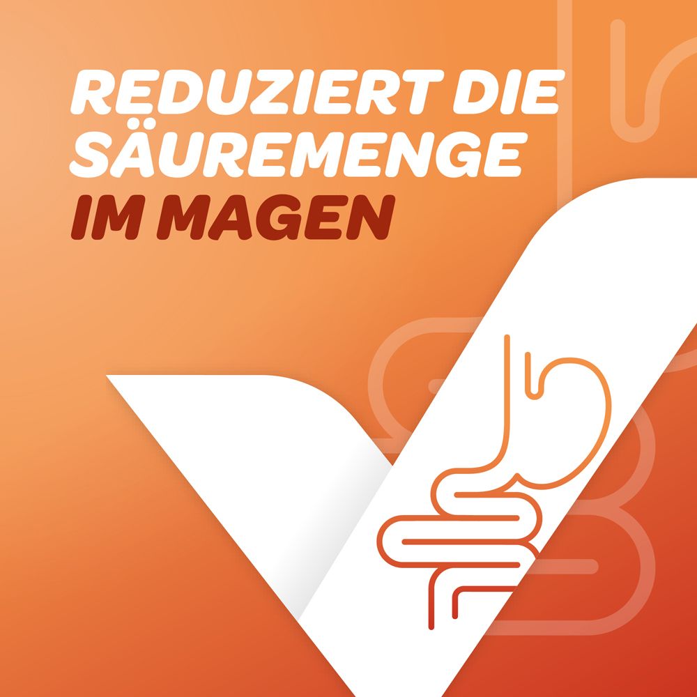 Orangefarbener Hintergrund. Text: Reduziert die Säuremenge im Magen. Weißes Logo. Magen-Illustration.