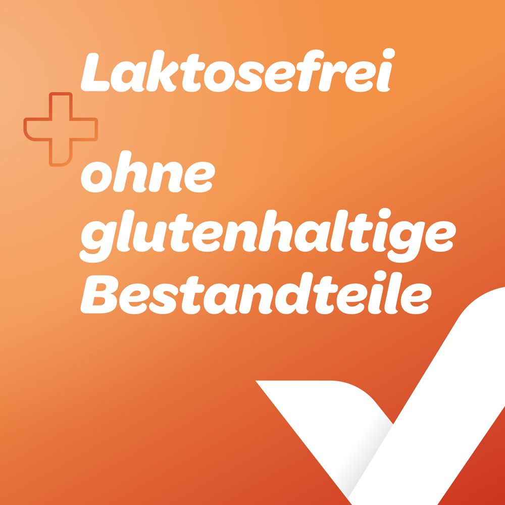 Orangefarbener Hintergrund. Text: Laktosefrei, ohne glutenhaltige Bestandteile. Weißes Pluszeichen.