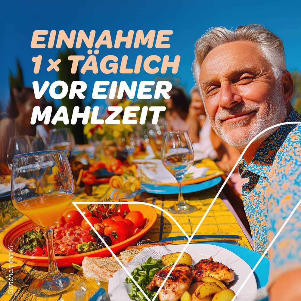 Mann am Tisch. Text: Einnahme 1x täglich vor einer Mahlzeit. Essen, Getränke. Blauer Himmel.
