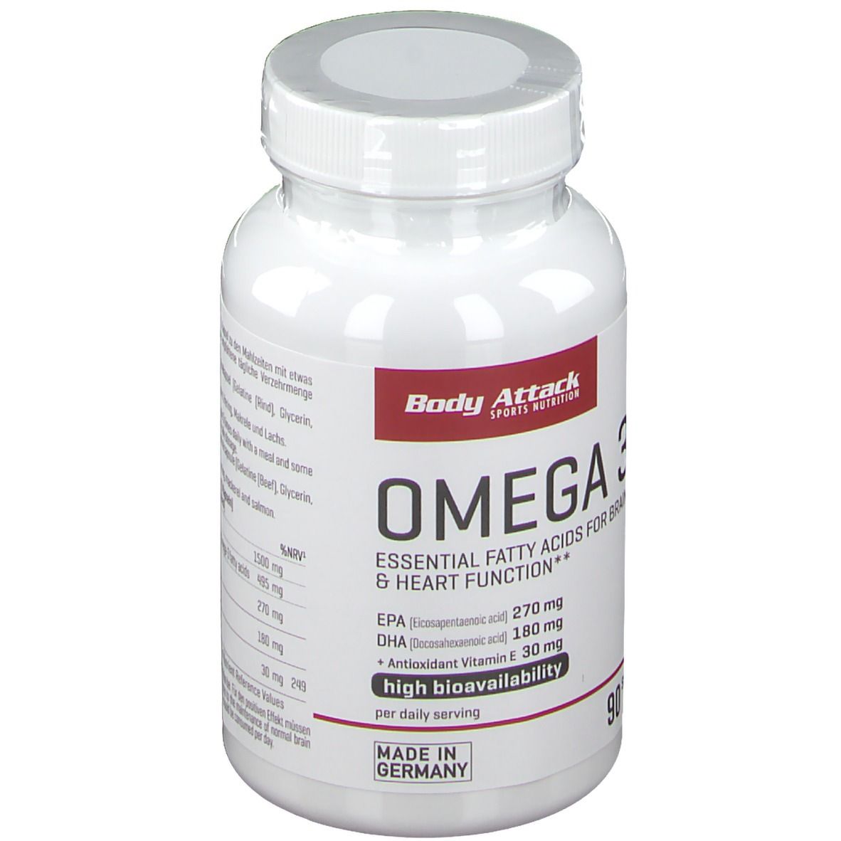 Weiße Flasche mit Omega-3-Kapseln. Rotes Etikett mit "Body Attack" und "Omega 3". Enthält 90 Kapseln. Hergestellt in Deutschland.