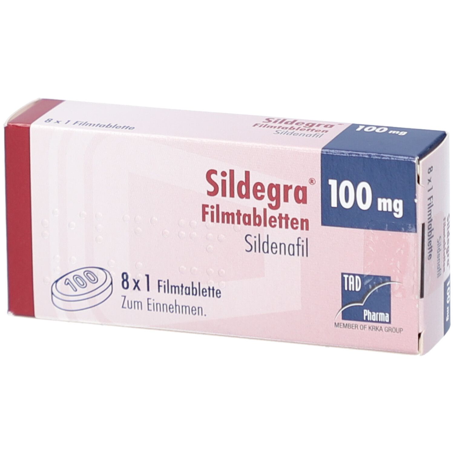 Schachtel mit Sildegra 100 mg Filmtabletten. Aufschrift: 8 x 1 Filmtablette. Logo von TAD Pharma.