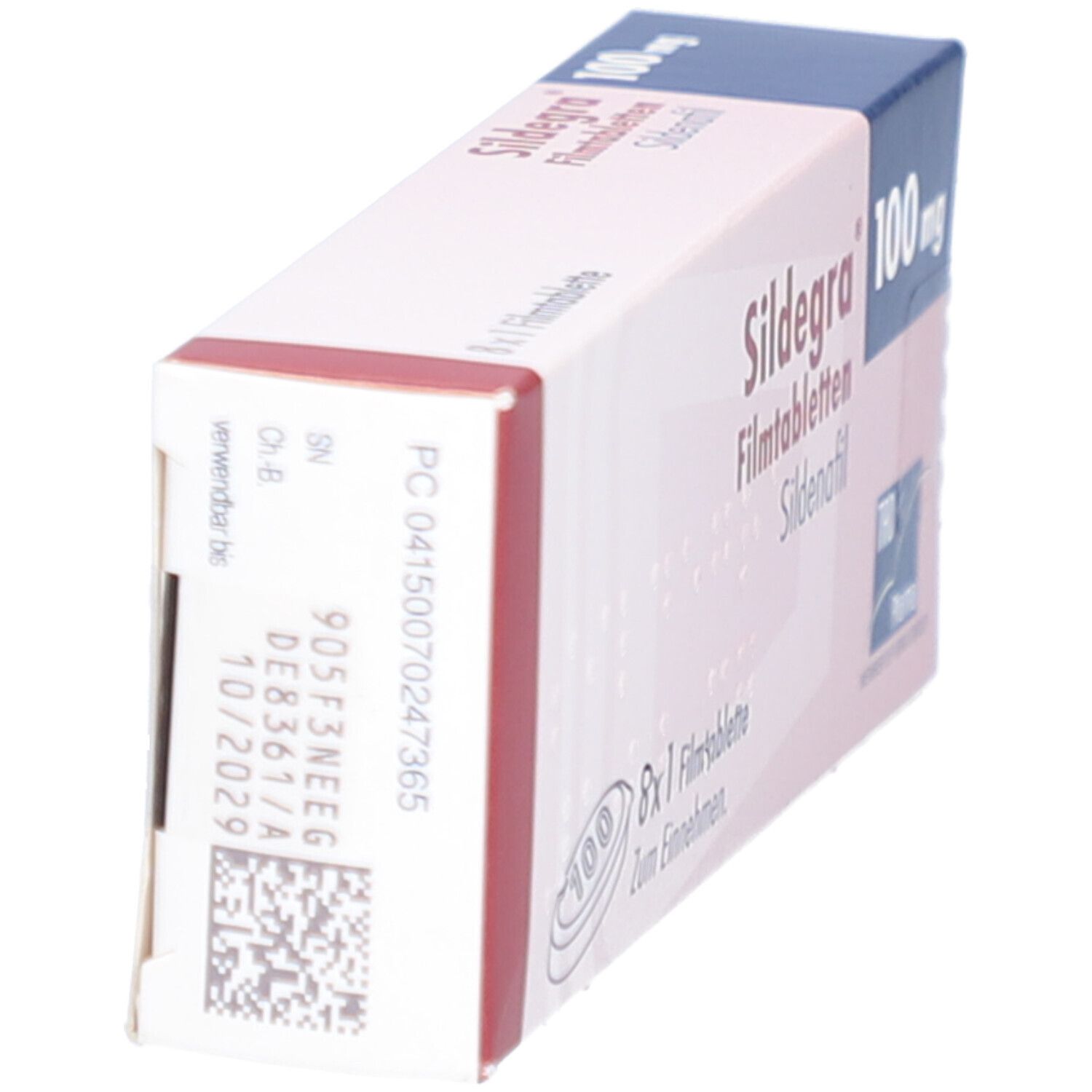 Seitenansicht der Sildegra 100 mg Schachtel. Aufdruck mit Chargennummer und Verfallsdatum.