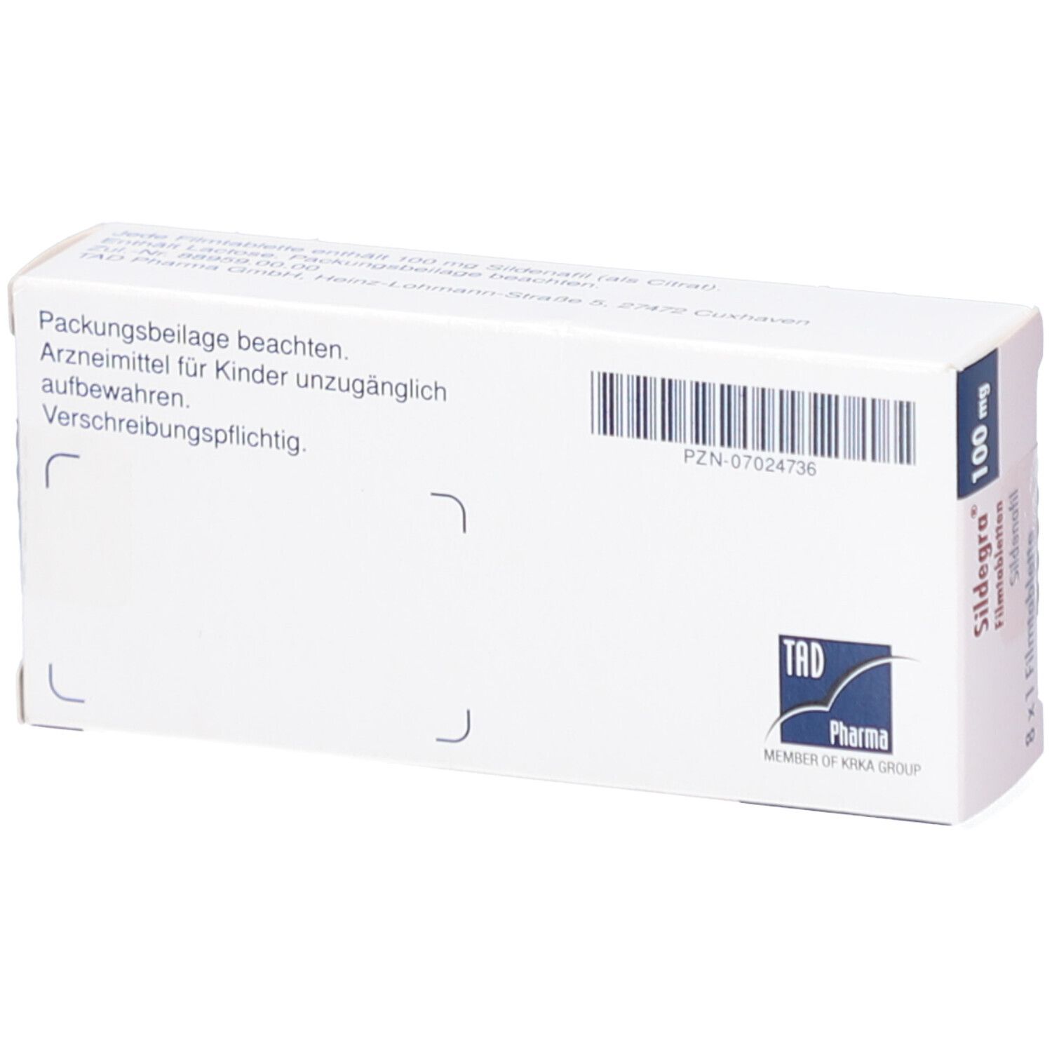 Rückseite der Sildegra 100 mg Schachtel. Text: Arzneimittel für Kinder unzugänglich aufbewahren.