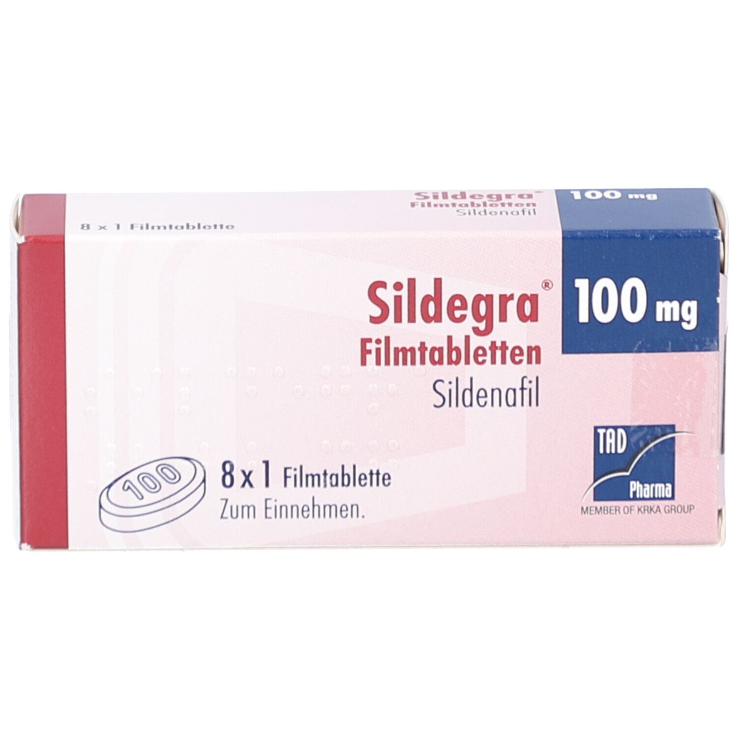 Schachtel mit Sildegra 100 mg Filmtabletten. Aufschrift: 8 x 1 Filmtablette. Logo von TAD Pharma.