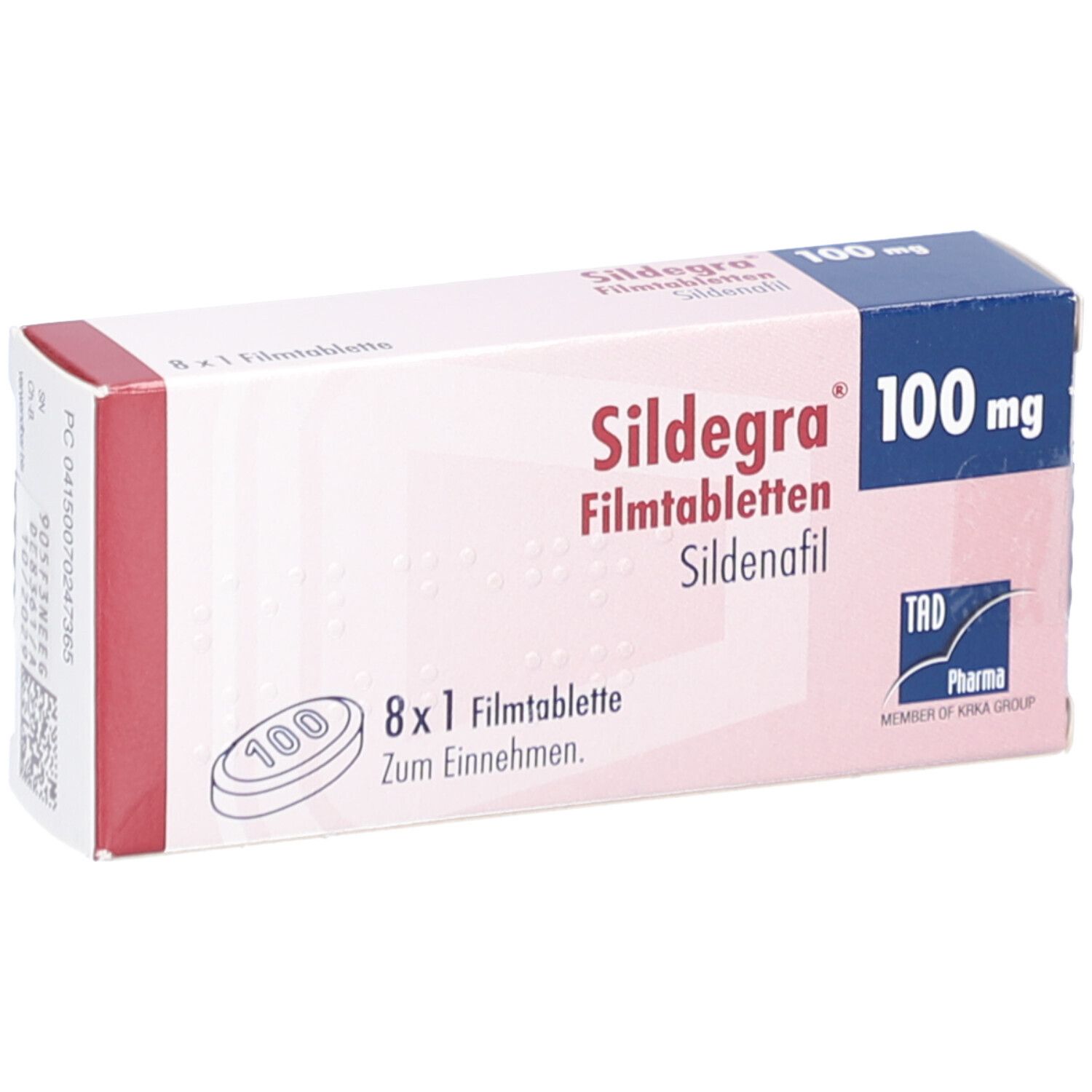 Schachtel mit Sildegra 100 mg Filmtabletten. Aufschrift: 8 x 1 Filmtablette. Logo von TAD Pharma.