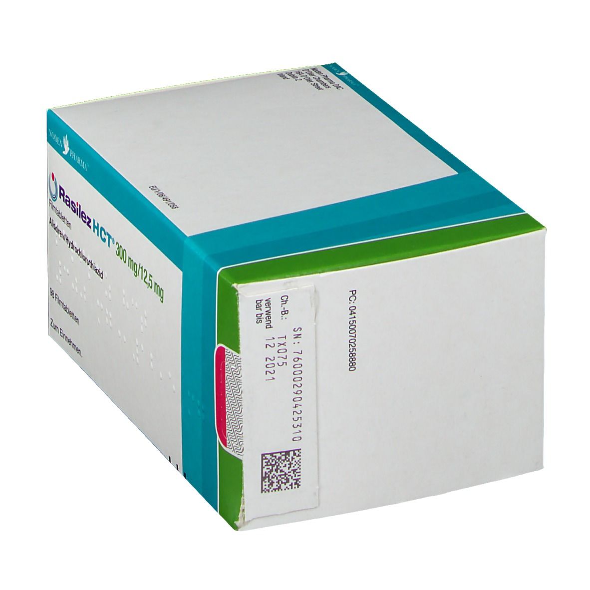 Karton Rasilez HCT 300 mg/12,5 mg. Weiß, blau und grün. Seitlich Produktinformationen und Barcode. Oberseite mit blauem Streifen.