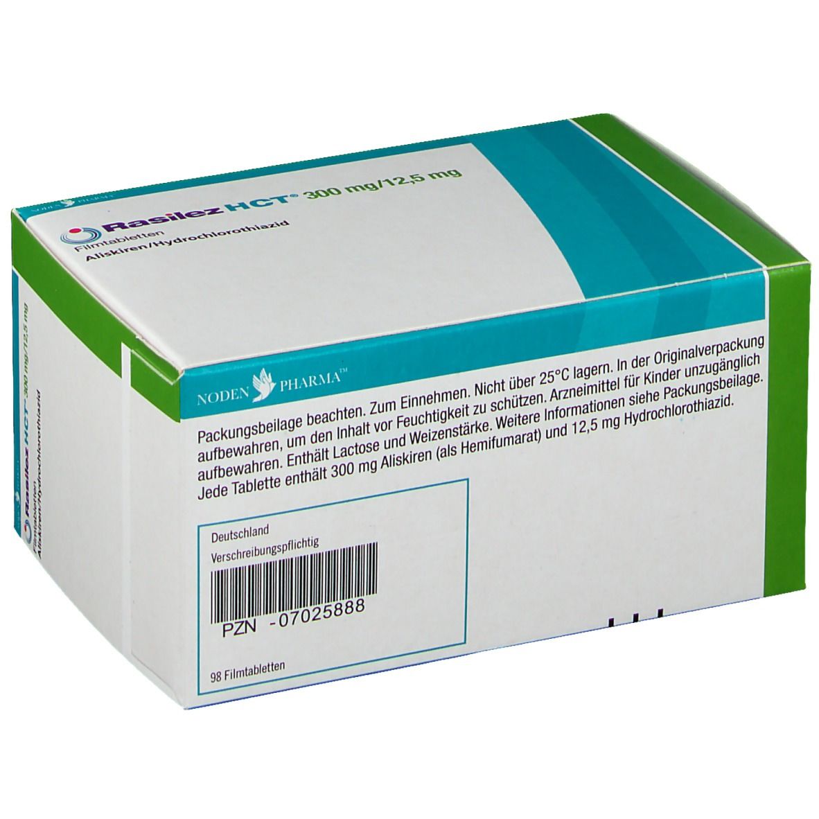 Karton Rasilez HCT 300 mg/12,5 mg. Weiß, blau und grün. Produktname und Informationen auf der Vorderseite. 98 Filmtabletten.